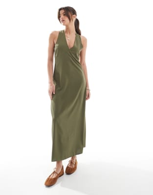 ONLY - Maxikleid in Khaki mit überkreuztem Design am Rücken-Grün