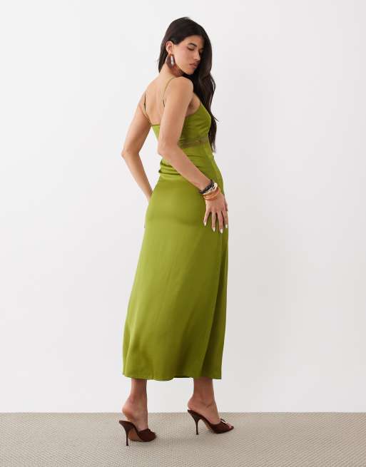 ONLY – Maxikleid in Olivgrün mit Satinhaptik und Spitzendetail, 2 von 4