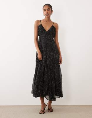 Maxikleid in Schwarz mit Polka Dots und Rüschendetails Schwarz 42
