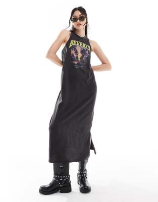 ONLY - Maxikleid in verwaschenem Schwarz mit Tanktop-Oberteil und Beverly-Print