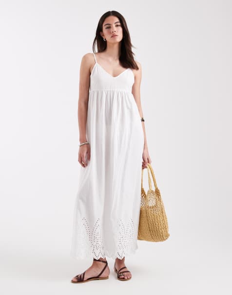 ONLY – Maxikleid in Weiß mit besticktem Saumdetail und Bindedetail am Rücken - view 1