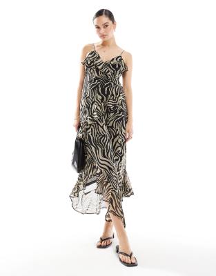 ONLY - Maxikleid mit Zebra-Print, Riemchen-Trägern und Rüschen-Schwarz