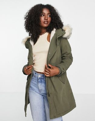 Only May parka with faux fur trim hood in khaki - ASOS Price Checker