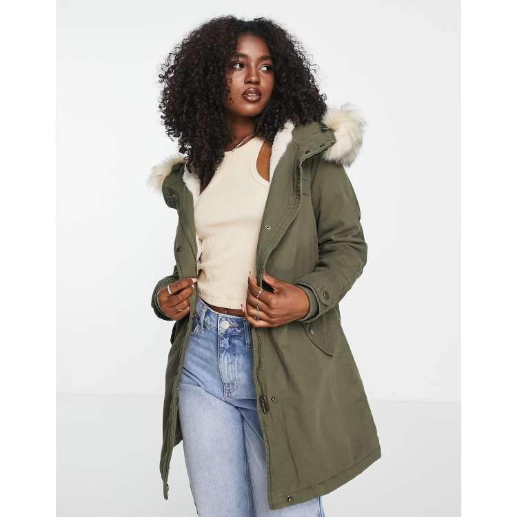 Only may parka with faux fur trim hood in khaki | ASOS