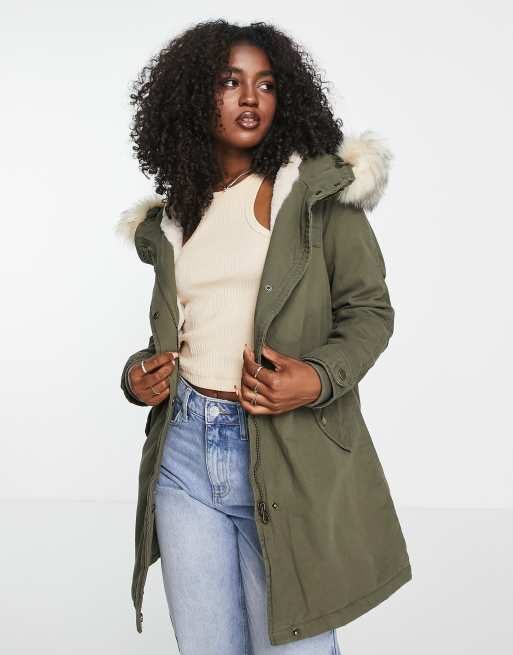 Only may parka with faux fur trim hood in khaki | ASOS