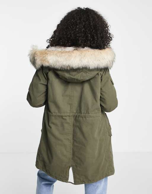 Only may parka with faux fur trim hood in khaki