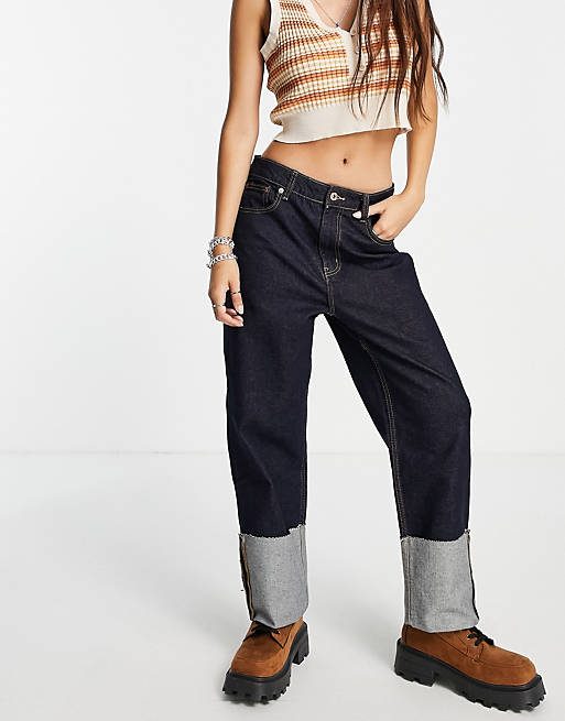 Only Megan cropped jeans with turn up hem in dark blue
