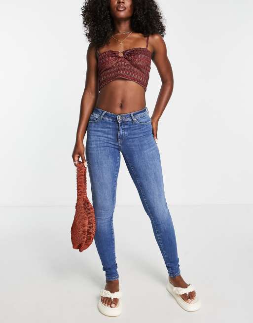 Only – Mellanblå jeans med hög midja och extra smal passform