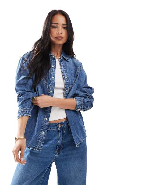 ONLY – Mellanblå jeansskjorta med cowboydetaljer - view 1