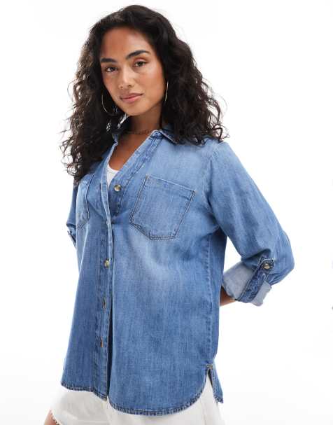 ONLY – Mellanblå jeansskjorta med knäppning - view 1