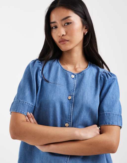 ONLY – Mellanblå jeansskjorta med puffärmar, 3 av 4