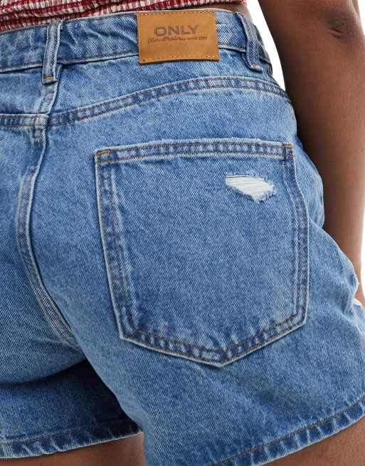 ONLY – Mellanblå, slitna jeansshorts i mom-modell med hög midja , 5 av 5