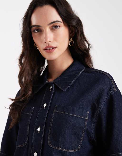 ONLY - Mellemblå forvasket denim-skjorte med firkantet pasform samt cropped snit, 3 af 4