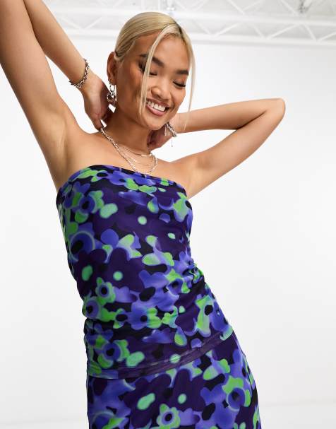 ONLY mesh bandeau crop top co-ord in blue floral - view 1
