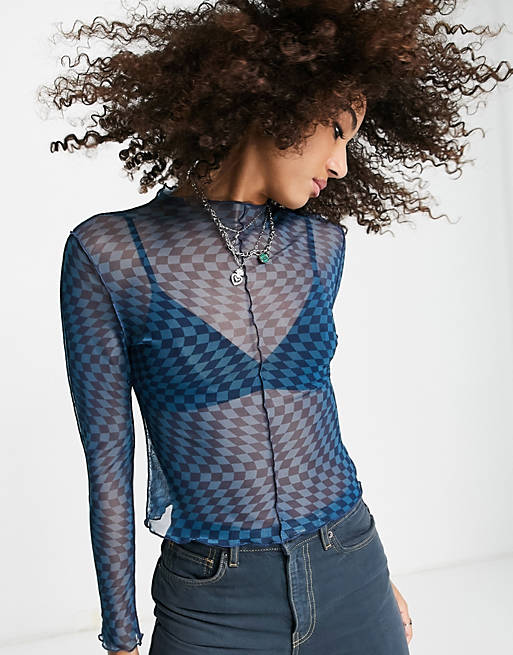 Women Only mesh high neck seam detail top in blue checkerboard 