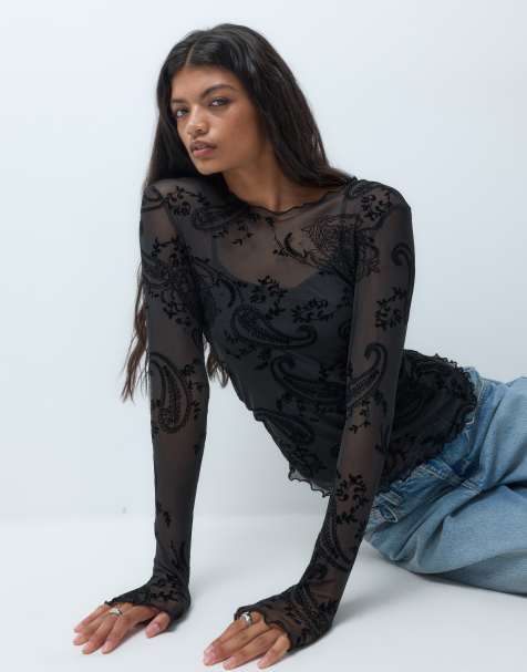 ONLY mesh long sleeve top in black paisley print - view 1