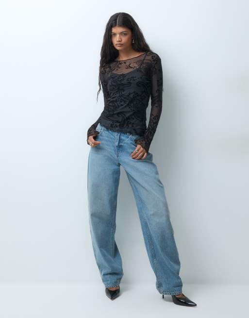 ONLY mesh long sleeve top in black paisley print, 2 of 5