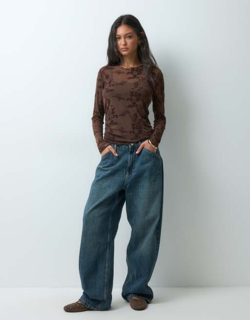 ONLY mesh long sleeve top in brown floral, 3 of 5