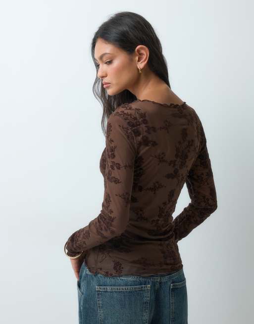 ONLY mesh long sleeve top in brown floral, 5 of 5