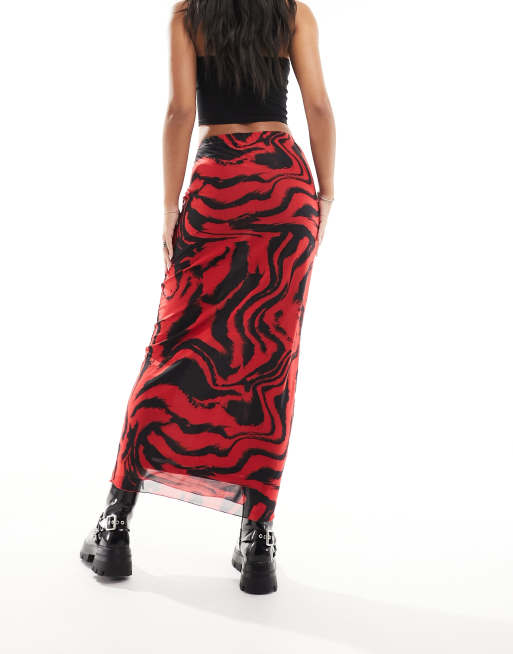 Only mesh maxi skirt in red and black swirl ASOS