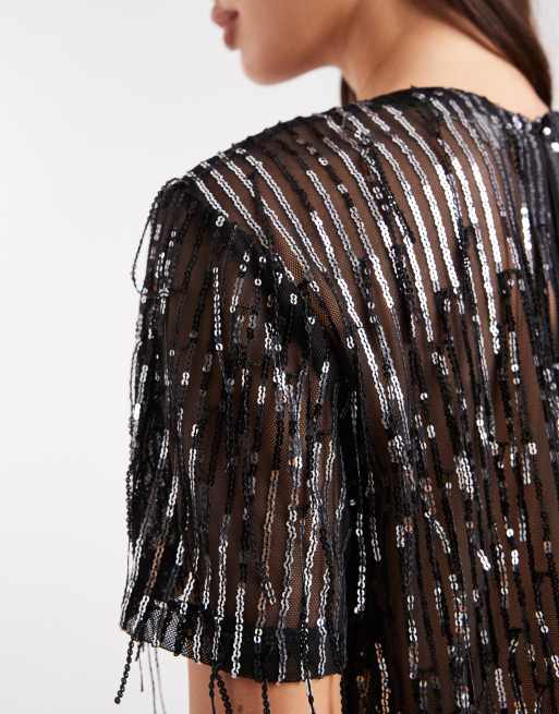 ONLY – Mesh-Oberteil mit Paillettenfransen in Schwarz, 2 von 4