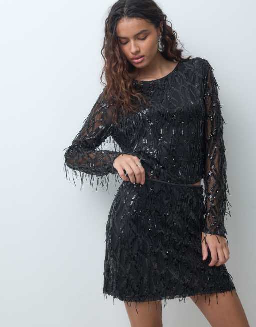 ONLY mesh overlay sequin mini skirt co-ord in black, 5 of 5