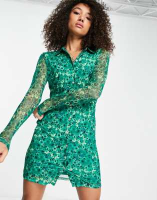 Only Mesh Shirt Dress In Green Floral