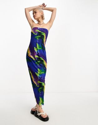 Only mesh strapless bodycon maxi dress in multi marble print