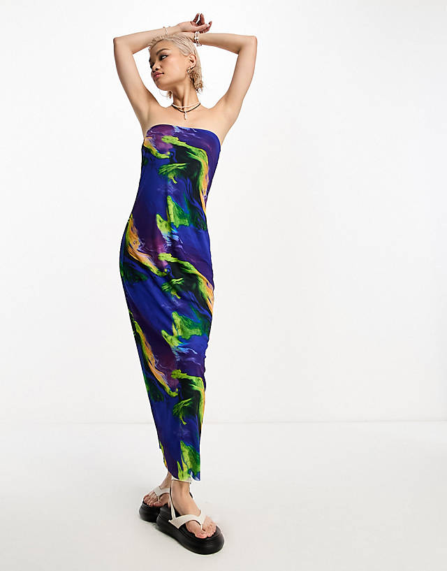 ONLY - mesh strapless bodycon maxi dress in multi marble print
