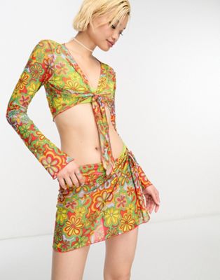 Only mesh tie side beach mini skirt co-ord in 70s floral-Multi