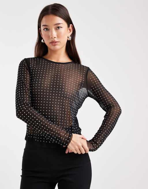 ONLY mesh top with coloured rhinestones in black