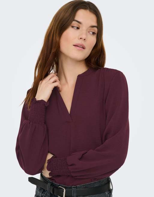 ONLY Mette top smock de manga larga y cuello de pico morado, 4 de 7