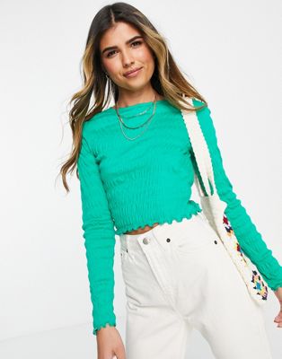 Only Mia long sleeve shirred top in green