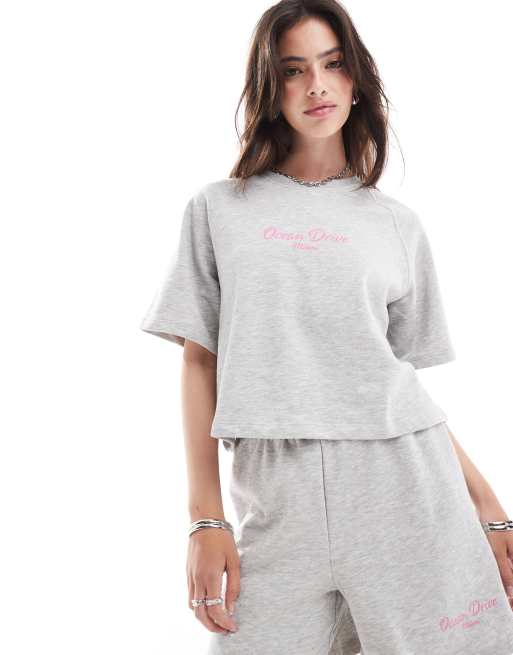 ONLY Miami print boxy short sleeve sweat top in light grey (part of a set) 