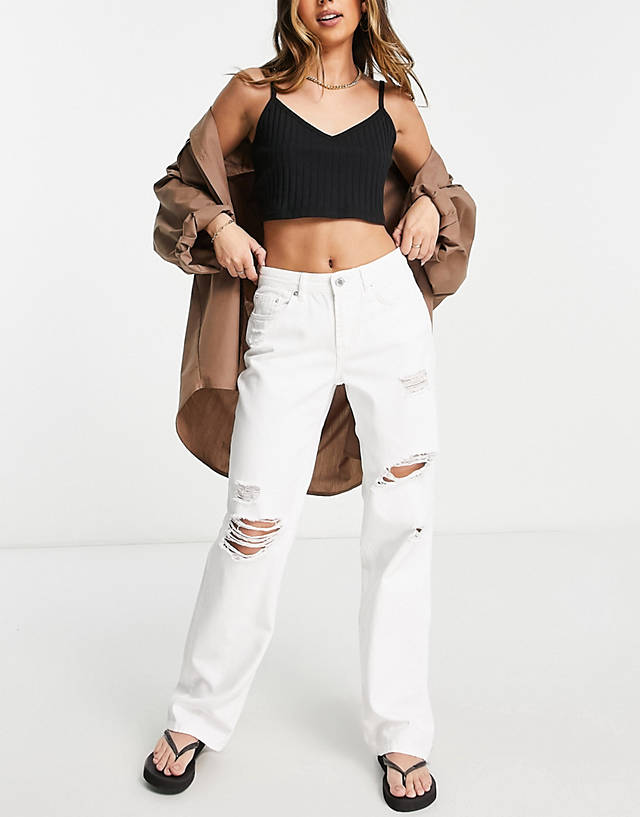 ONLY - mid waist distressed baggy jeans in white