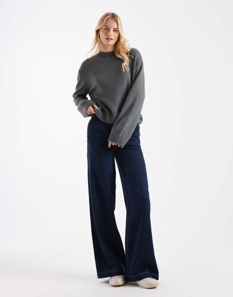 ONLY Tall mid waist extra wide leg jeans in dark blue