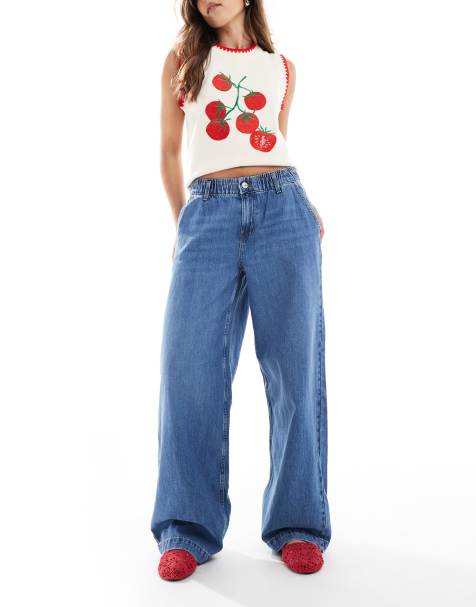 ONLY mid waist wide leg jeans in mid blue - view 1