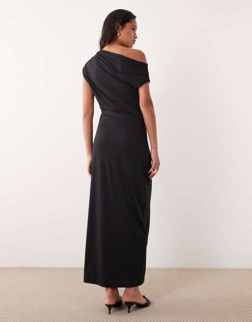 ONLY - Midaxi bodycon jurk van gladde stof met blote schouder in zwart, 4 van 4