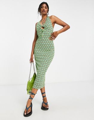 Only midaxi halterneck dress in green abstract print
