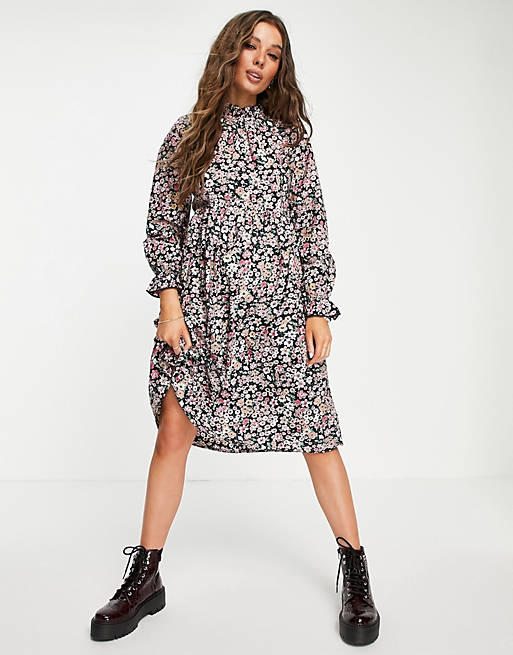Only midi dress with frill neck in floral print