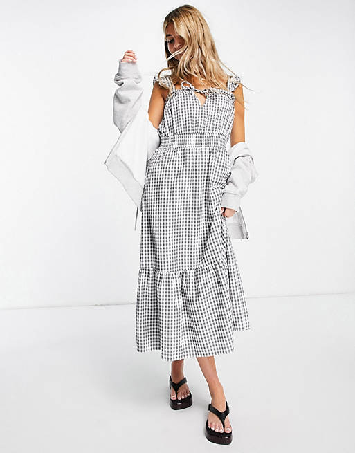 Only midi dress with frill sleeve and shirred waist in mono gingham check