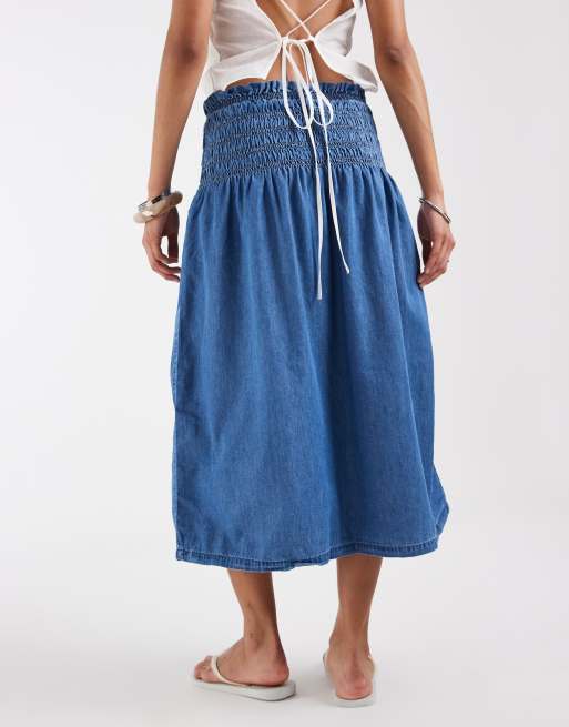 ONLY – Midi-Faltenrock aus Chambray in Mittelblau, 5 von 5