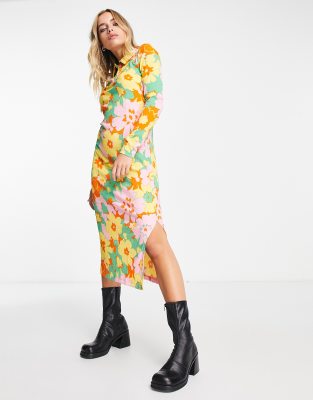 Only - Midi-Hemdkleid mit Seitenschlitz und Blumenmuster im Stil der 70er-Bunt