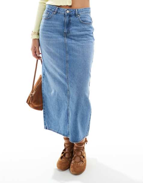 ONLY – Midi-Jeansrock in Mittelblau mit Schlitz hinten - view 1