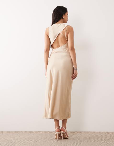 ONLY - Midi jurk met asymmetrische achterkant en gedrapeerde halslijn in beige - view 1