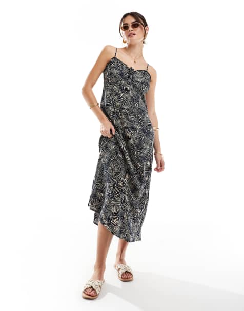 ONLY - Midi jurk met bandjes in blauwe bladprint - view 1
