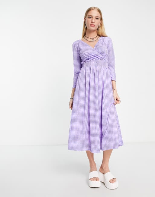 Only - Midi-jurk met overslag in lila en roze gingham ruit