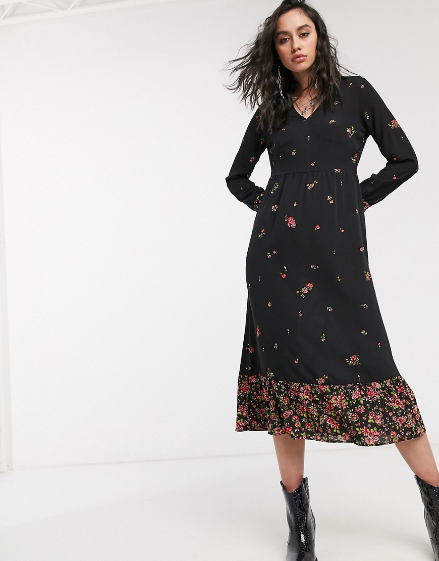 Only - Midi-jurk met V-hals en gemixte bloemenprint in zwart-Multi