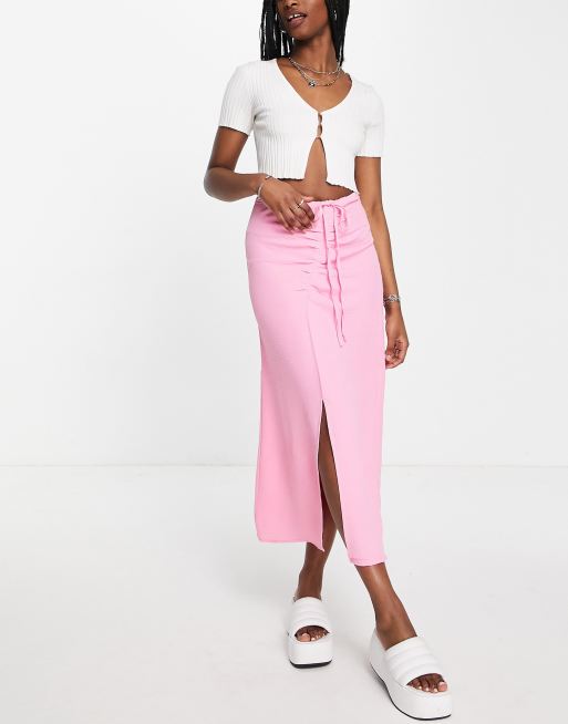 Pink ruched midi skirt best sale