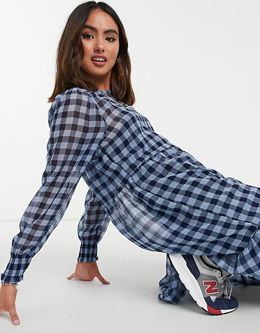 Women Only midi smock dress in blue and black gingham 